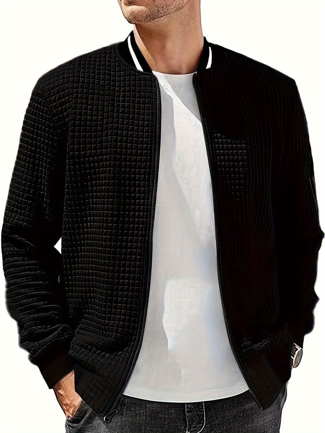 Men's Casual Bomber Jacket with Stand Collar - Polyester and Elastane Blend, Knit Fabric with Slight Stretch, Solid Color, Zipper Detail, Long Sleeve, Regular Fit