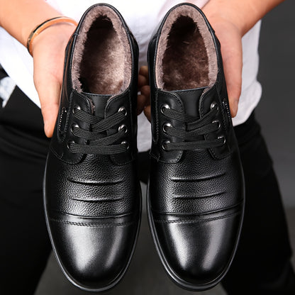 Men'S Genuine Leather Winter Warm Business Casual Shoes - Rubber Sole, Lace-Up Low-Top Design with Fabric Lining for All-Day Comfort, Black Solid Color for Office & Daily Wear