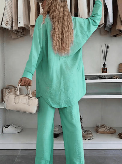 Women's Loose Shirt & Wide-Leg Pants Set - Elegant Polyester