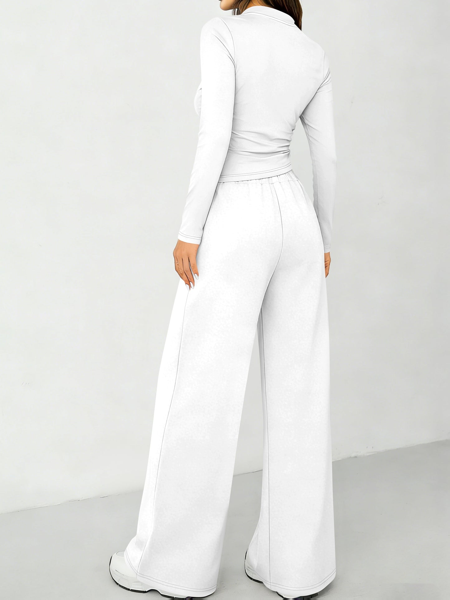 All-season Solid Color Long-sleeved Top and High-waisted Wide-leg Pants Casual Suit
