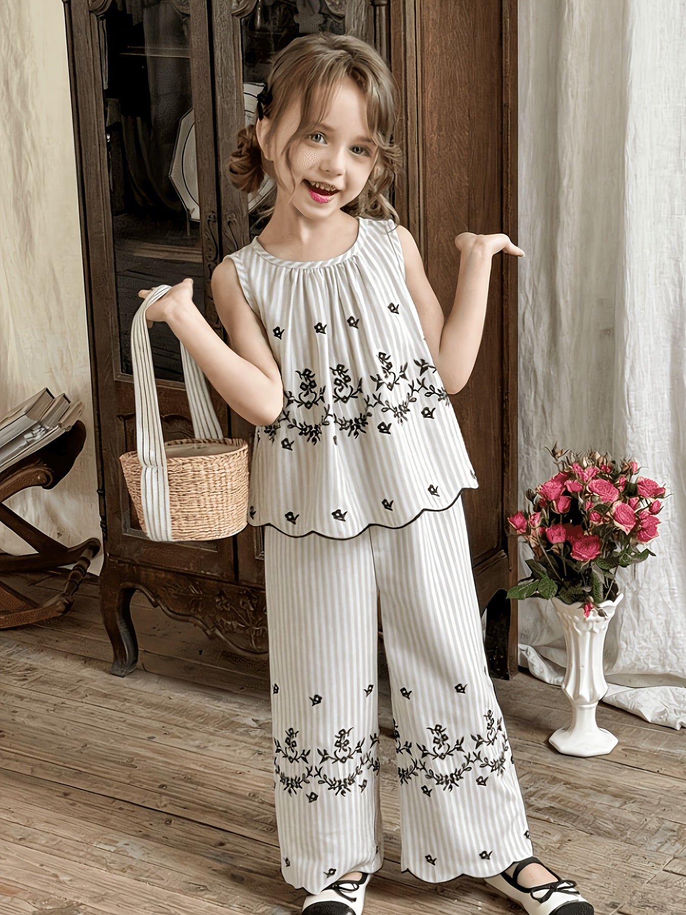 Girls' Retro Floral Striped Sleeveless Top & Wide Leg Pants Set