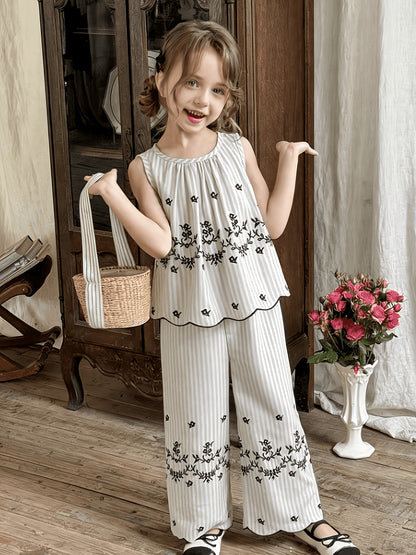 Girls' Retro Floral Striped Sleeveless Top & Wide Leg Pants Set