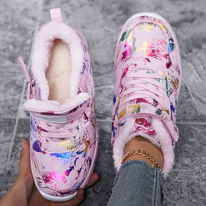 1 Pair Women'S Winter Warm Snow Boots, Fleece-Lined High-Top Outdoor Shoes, Round Toe, Patterned Print, EVA & MD Sole, Fabric Insole - Fashionable Ladies' Footwear