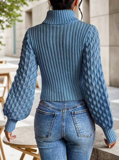 Casual High Neck Solid Color Lantern Sleeve Sweater | Short Length, Rib, Pullover Style, Suitable for All Seasons