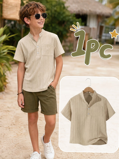 Boys' Casual Button-Up Short Sleeve Shirt with Cardigan Collar - ayq
