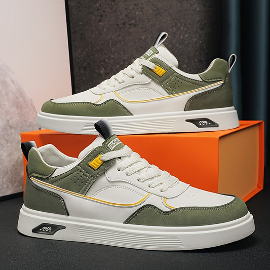 Men's Lightweight Casual Sneakers - Low-Top Lace-Up Shoes in White/Black colorway, PU Upper  Cushioned PVC Sole for Gym, Skateboarding, Everyday Streetwear - All-Season Minimalist Shoes for Men, Gym Footwear, Urban Fashion,