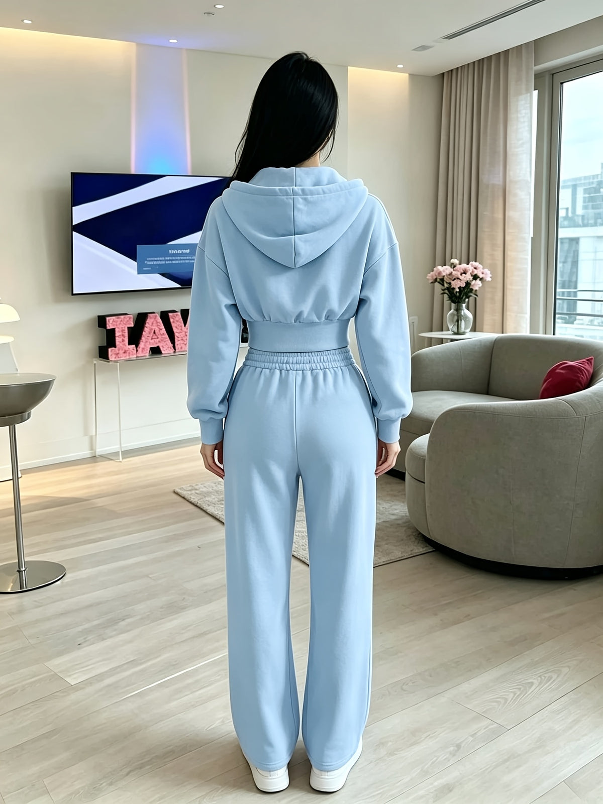 Women's Loose Cropped Hoodie Set with Matching Pants