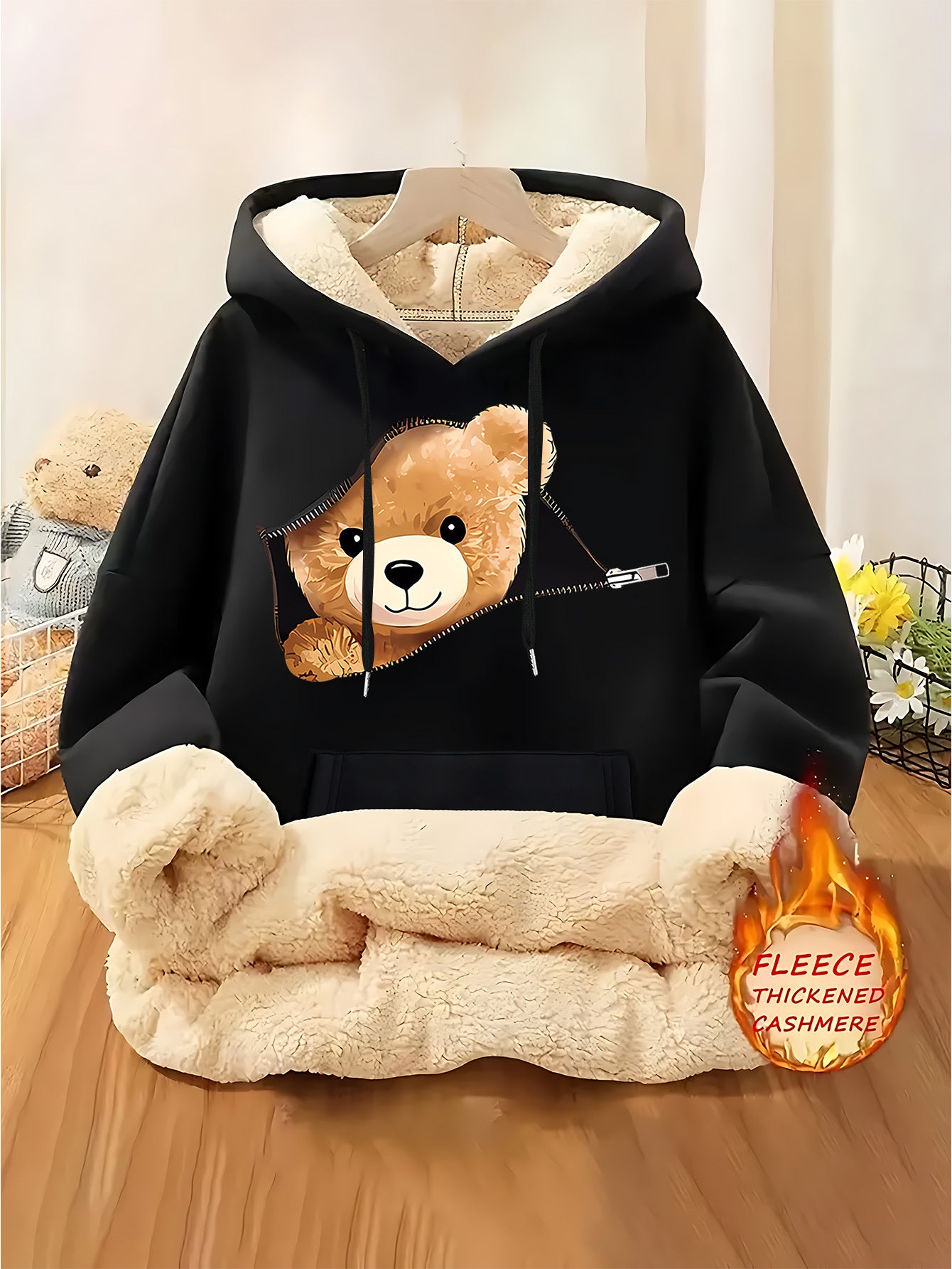Women'S Plush Fleece-Lined Hooded Sweatshirt with Bear Print & Zipper Closure - Cozy Winter Warmth, / Color Block Design, Soft Fleece Fabric, Casual Pullover for Fall & Winter, Autumn Winter Apparel | Hooded Sweatshirt | Zipp