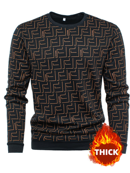New Autumn And Winter Men'S Long-Sleeve Fleece Sweatshirt, Featuring a Geometric Pattern Design, Warm And Soft Stylish Round-Neck Sweatshirt, a Perfect Gift for Men to Keep Warm