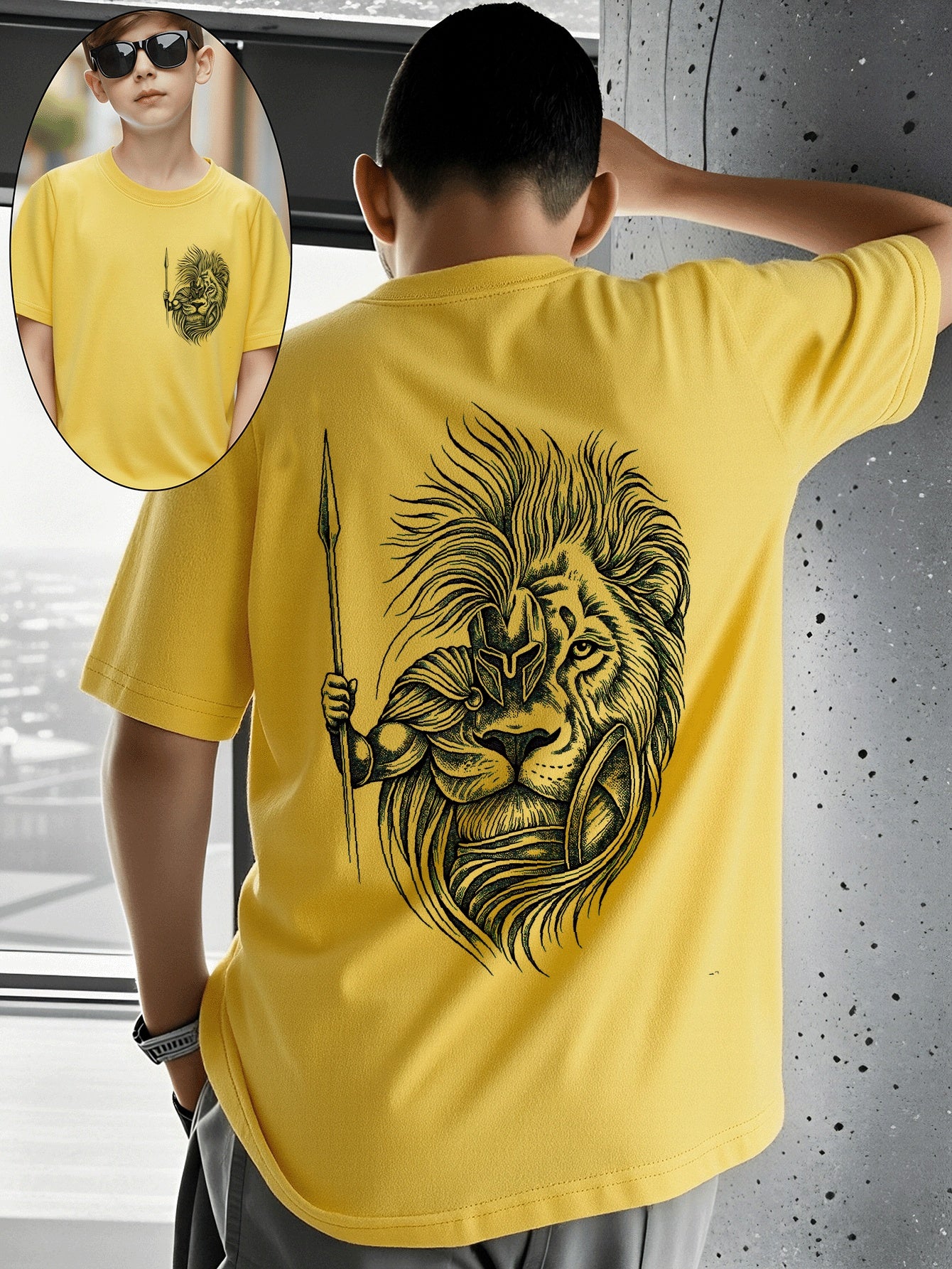 Boys' Cotton T-Shirt with Lion Warrior Print - Casual Summer Top