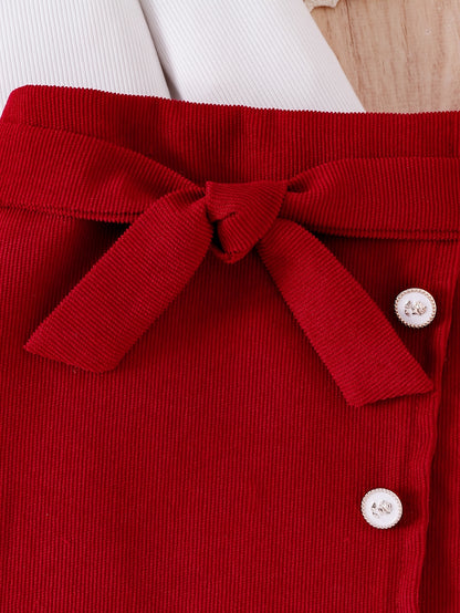 3pcs Girls' Set with 3D Bow Long Sleeve Top, Red Skirt, and Belt for Autumn