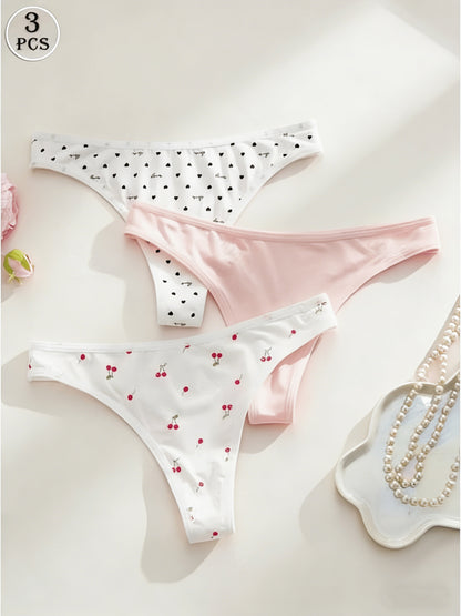 3pcs Women’s Cute Cherry Print Seamless Low Rise Thong Set
