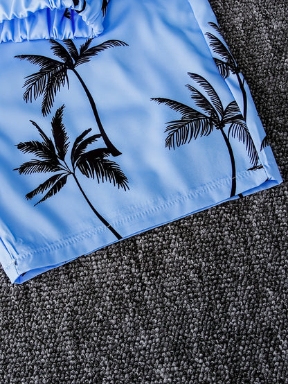 2pcs Boys Casual Coconut Tree Graphic Print Short Sleeve Lapel Shirt & Shorts Set, Comfy Summer Boys Clothing For Daily & Outdoor Wear