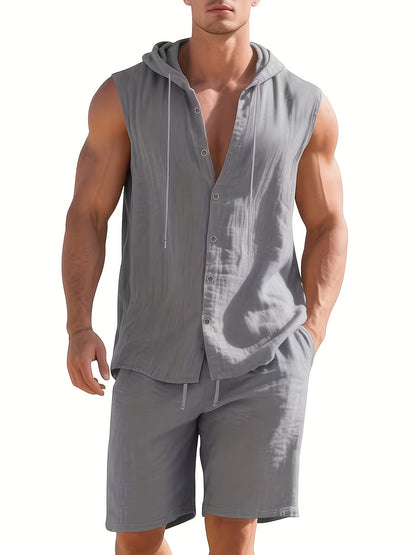 Men's Summer Linen Hooded Sleeveless Shirt & Shorts Set