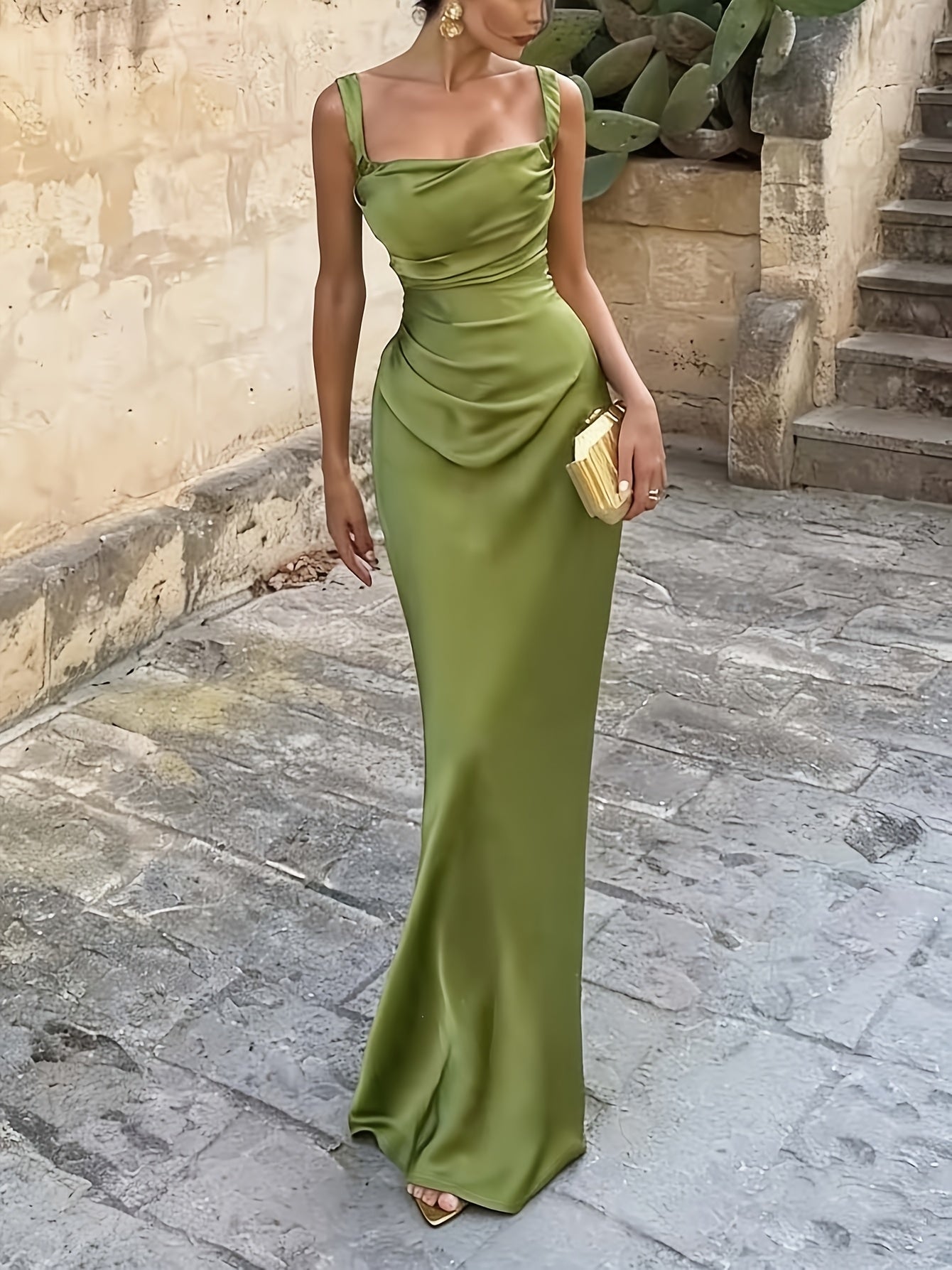 Women's Elegant Satin Bodycon Dress with Ruched Waist and Asymmetrical