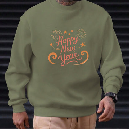 Men'S Happy New Year Sweatshirt - Light Grey with Orange Lettering - Regular Fit Crewneck Pullover for New Year'S Eve, NYE Parties & Casual Attire - Non-Permanent Celebration Sweater for Everyday & Special Occasions, New Year