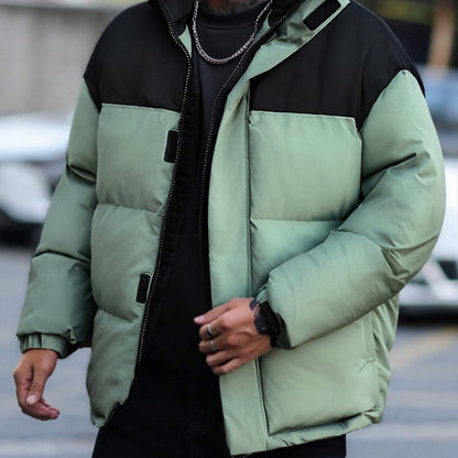 Men's Winter Color-Block Jacket with Stand Collar - Black & Casual Outdoor Warm Coat, Polyester-Filled Zipper Front, Regular Fit for Cold Weather, No Stretch Fabric