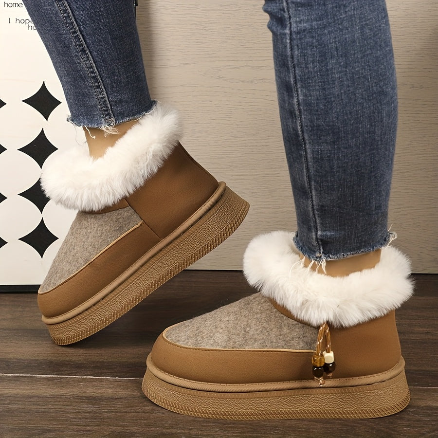 Women's Chunky Platform Winter Snow Boots with Plush Faux -Like Collar & Thick Rubber Sole - Beige/Dark Grey Round-Toe Traction for Ice, Snow, Slush - Cozy Casual & Formal Wear (Golden Buckle Accent)