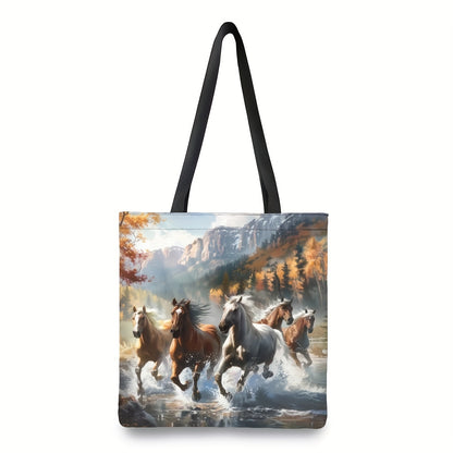 Dynamic Horse Print Handbag - Large Capacity, Durable Polyester Handbag with Fixed Black Strap for Work,, Shopping - 39.98x34.9cm