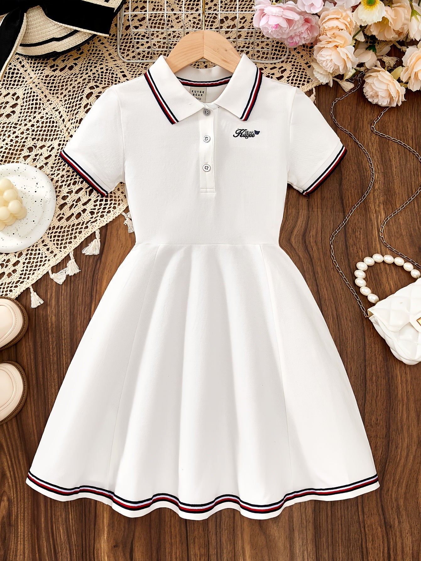 Girls' Casual Polo Dress with Embroidered Collar, Cotton Blend