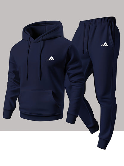 Men'S Trendy And Minimalist Triangular Striped Logo Hoodie And Sweatpants Set for Spring And Autumn, Featuring a Loose And Comfortable Design Suitable for Sports And Leisure, Machine Washable
