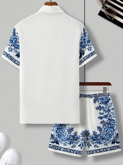 Men'S Two Sets of Floral Print Casual Button-Up + Drawstring Sports Shorts Two-Piece Hawaiian Beach Sports Styl