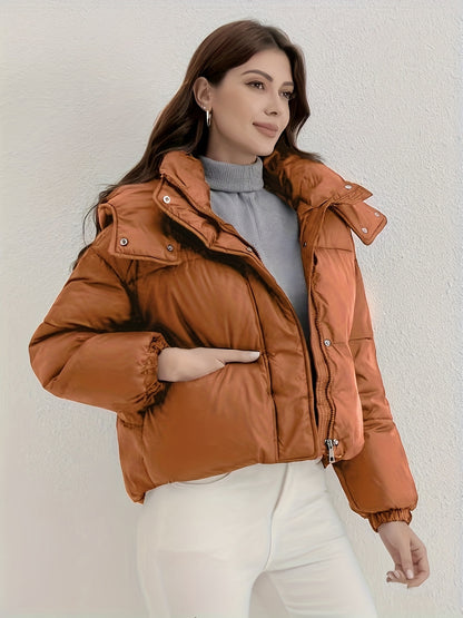 Women'S Lightweight Hooded Jacket - Warm Winter Coat with Full-Zip Closure, Stand Collar, Outer Shell - Easy-Care Cold Weather Outerwear for Everyday & Formal, Winter Jacket, Casual Winter Wear, Highneck Design, Durable Winte