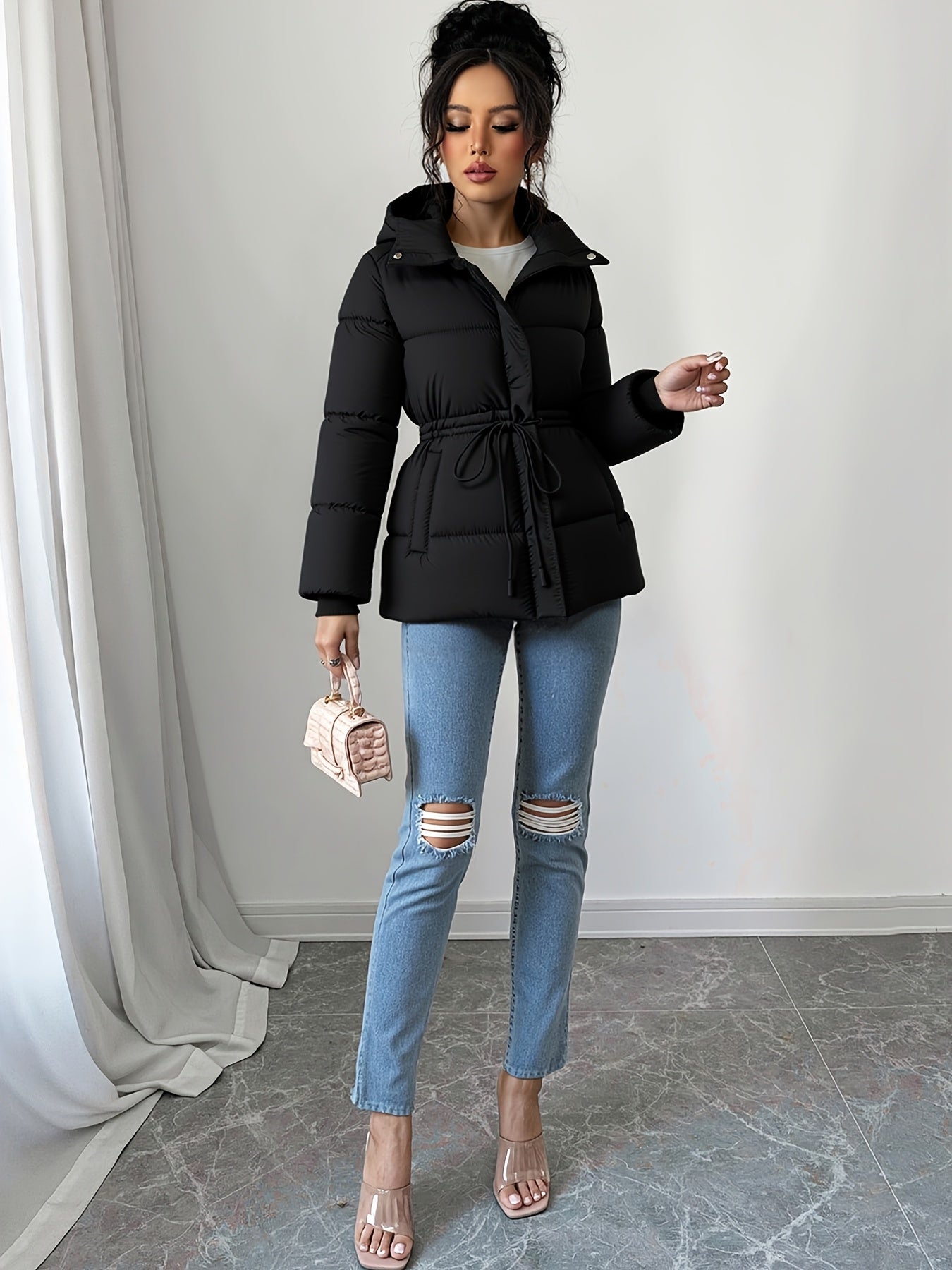 Women'S Elegant Black Puffer Jacket - Mid-Length Loose Fit with Adjustable Drawstring Waist, Long Sleeves, and Front Zipper, Casual Winter Outerwear for Cold Weather, Winter Jacket