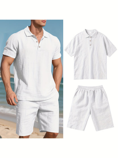 Essential for a Cool Summer! Men's Linen Shirt & Shorts Set, Comfortable Casual Outing Choice - Simple Beach Vacation Style Solid Color Linen