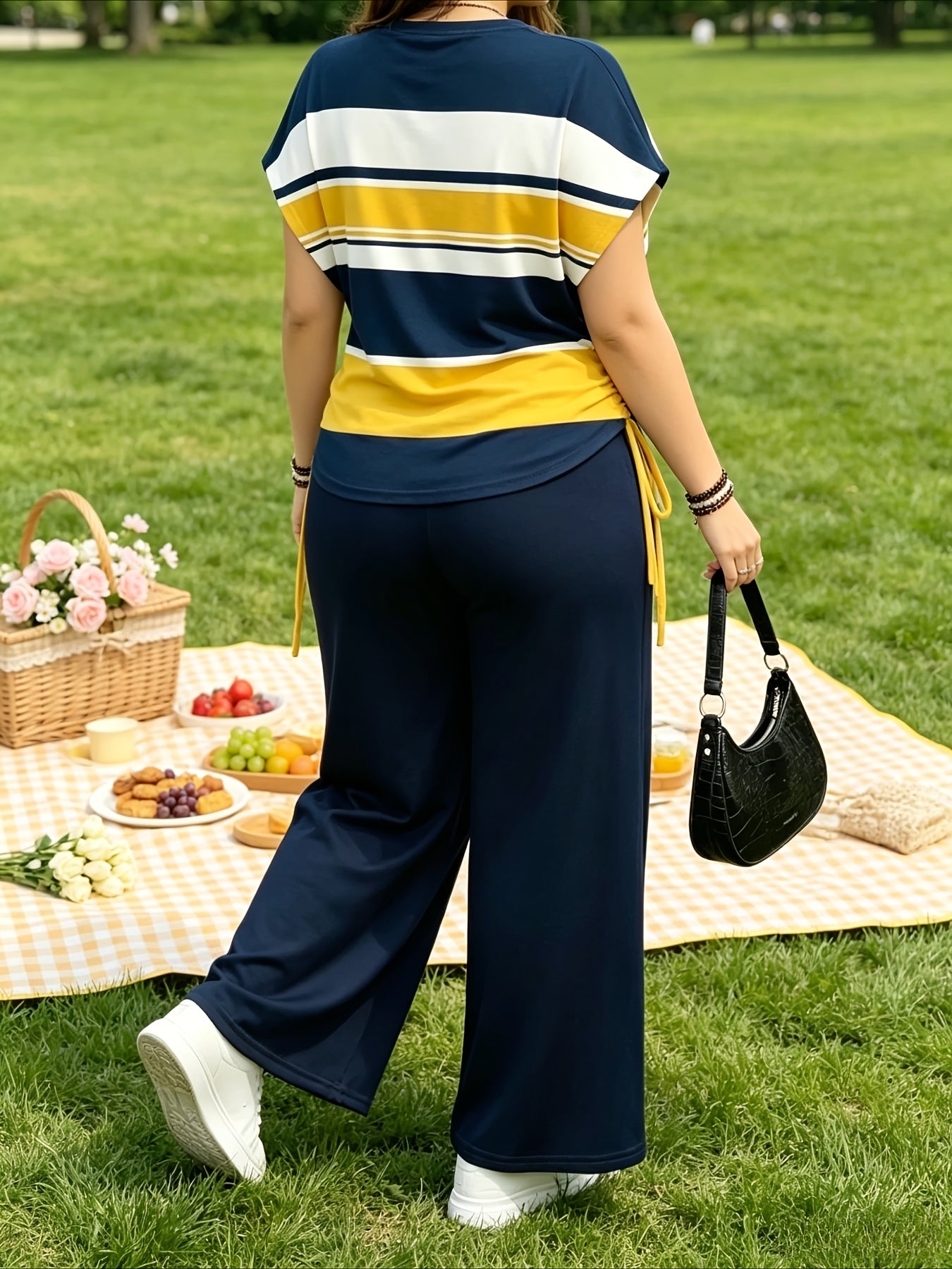 Women's Casual Two-Piece Set with Striped Bow Drawstring