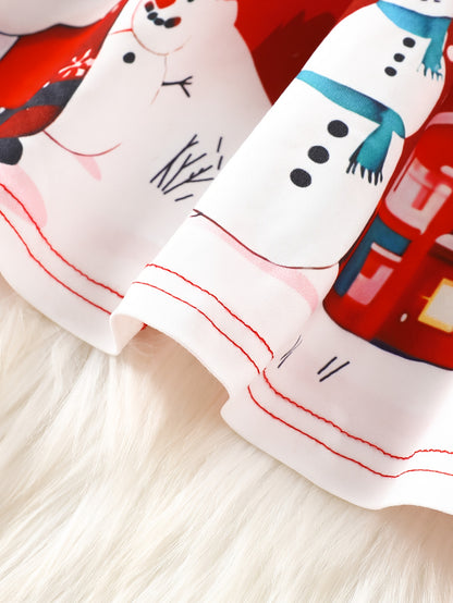 Girls' Christmas Party Dress - Long Sleeve Ruffled Hem Mid-Length Red Dress with Merry Christmas Print, Snowflakes & Santa Hats - Casual Holiday Outfit for Autumn & Winter Festive Celebrations, Durable Construction, Quality S