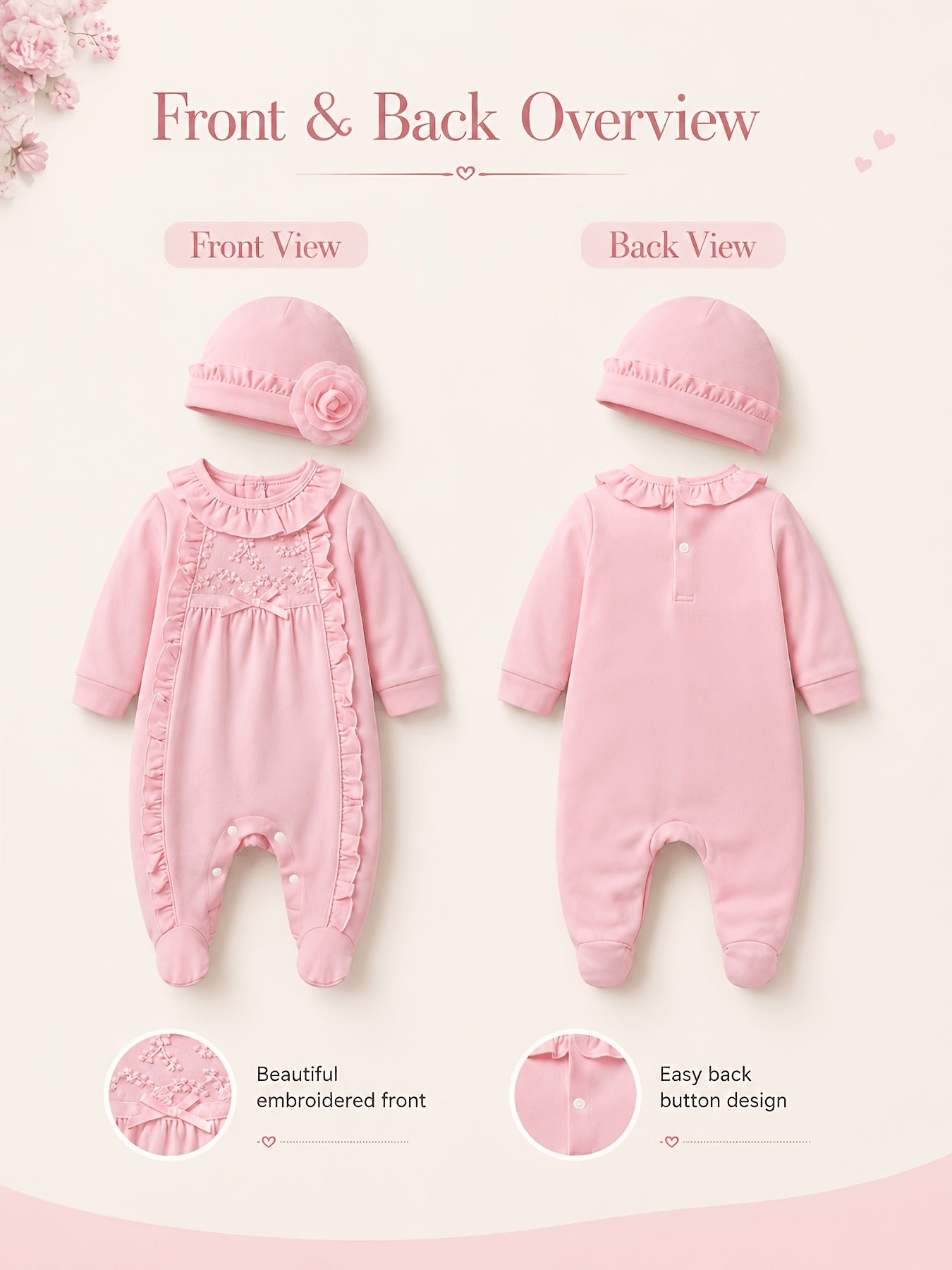 Baby Girl Cotton Romper Set with Ruffle Trim and Hat 0-12m