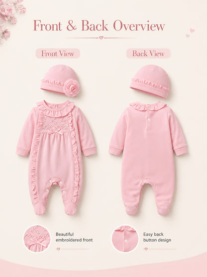 Baby Girl Cotton Romper Set with Ruffle Trim and Hat 0-12m