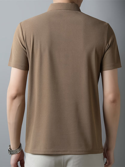 Men's Solid Short Sleeve And Lapel Collar Henley Shirt, Casual And Comfy Sports Tops For Summer Golf Wear And Outdoors Activities