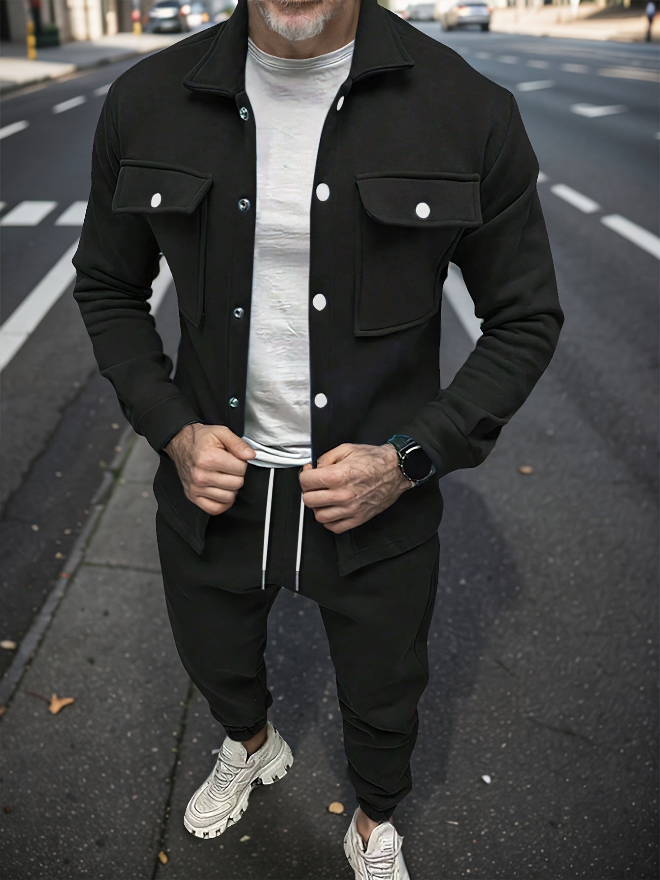 1set Men'S Casual Solid Color Polyester Outfit - Long Sleeve Button-Down Lapel Collar Jacket with Pockets and Drawstring Long Pants Set for Fall/Winter