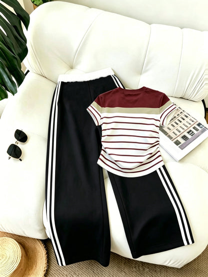 Women’s Casual 2-Piece Set: Striped Belted Pants & Printed Top
