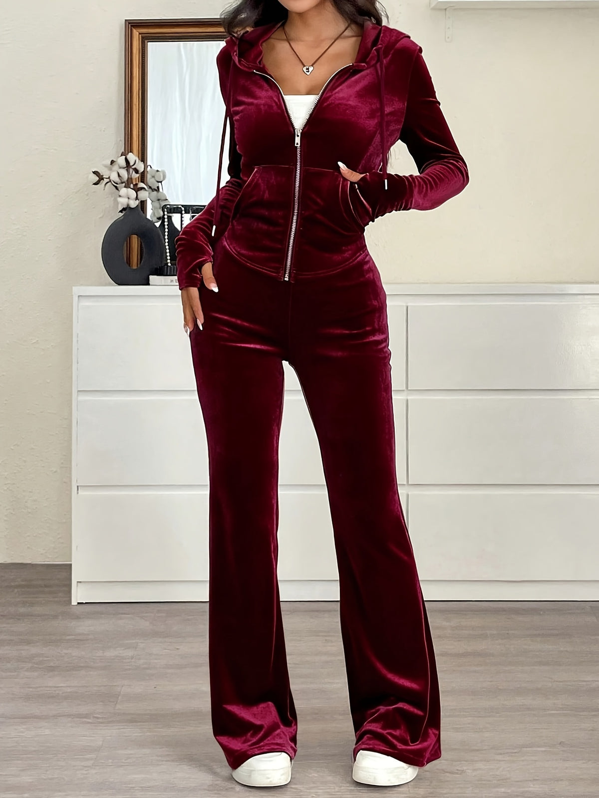 Women's Slim-Fit Hooded Zip-Up Jacket & Pants Set - ayq