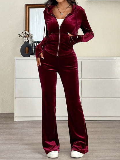 Women's Slim-Fit Hooded Zip-Up Jacket & Pants Set - ayq