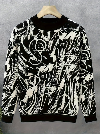 Temujin OBM Men's Fashion Trendy New Jacquard Semi-High Neck Knit Long Sleeve Pullover Sweater
