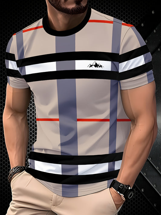 Men'S Casual Striped T-Shirt with Mountain Logo - Short Sleeve, Crew Neck, Lightweight Polyester, Summer Fashion, Casual Wear Striped Pattern Lightweight Fabric