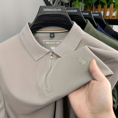 New Stylish Short-Sleeve Polo Shirt with a Zipper, a Breathable Business Fashion Tee, Featuring High-End Embroidery on The Sleeves And an Exquisite Design on The Back - ayq