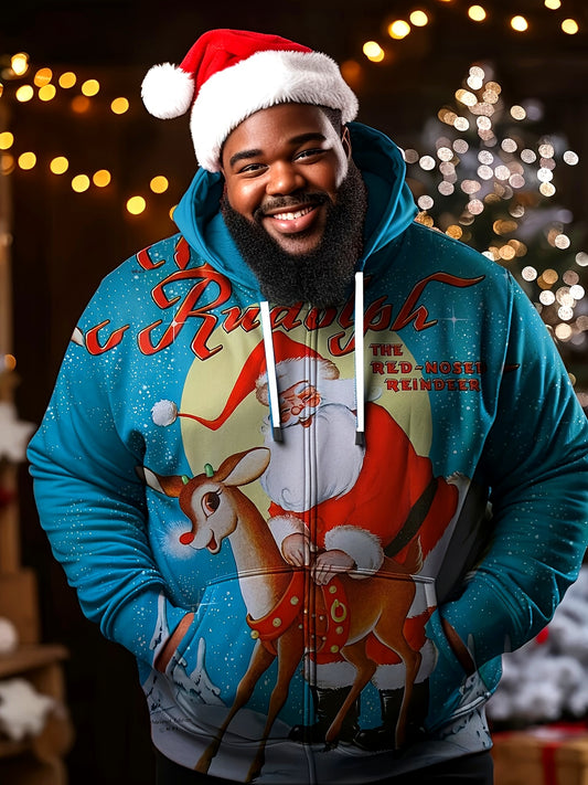Plus Size Men'S Fashion Color Block Lightweight Jacket with Santa Claus Riding Reindeer 3D Print, Suitable for Spring and Autumn Seasons, Versatile Baseball Coat for Dates, Sports, and Photoshoots, Classic Colors Timeless, Ca
