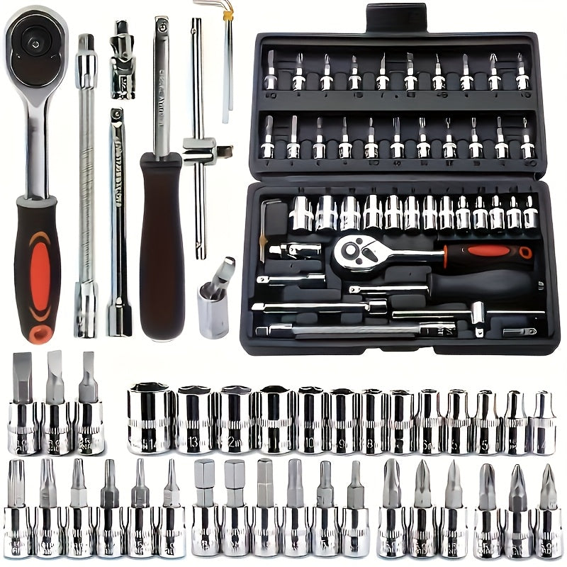 46pcs Professional Multi-Size Auto Repair Tool Set | Designed for European Cars, Includes Torque Wrench and Hex Keys, Durable Chrome Vanadium Steel, Suitable for Car Maintenance, Motorcycles, Bicycles, and Home Repairs, Black