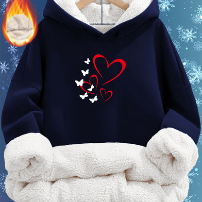 Women'S Cozy Fleece-Lined Hoodie with Heart & Butterfly Print - Long Sleeve, Warm Pullover for Fall & Winter, Machine Washable, Soft, Casual Outdoor Wear, & Camping, All-Season Comfort, Casual Winter Wear | Cozy Hoodie | Soft