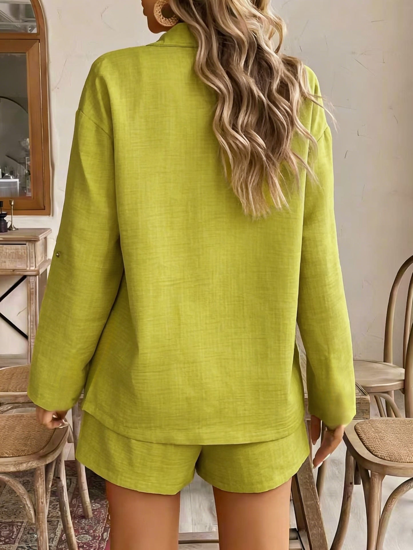 Women's Casual Loose Fit Shirt & Shorts Set, Polyester