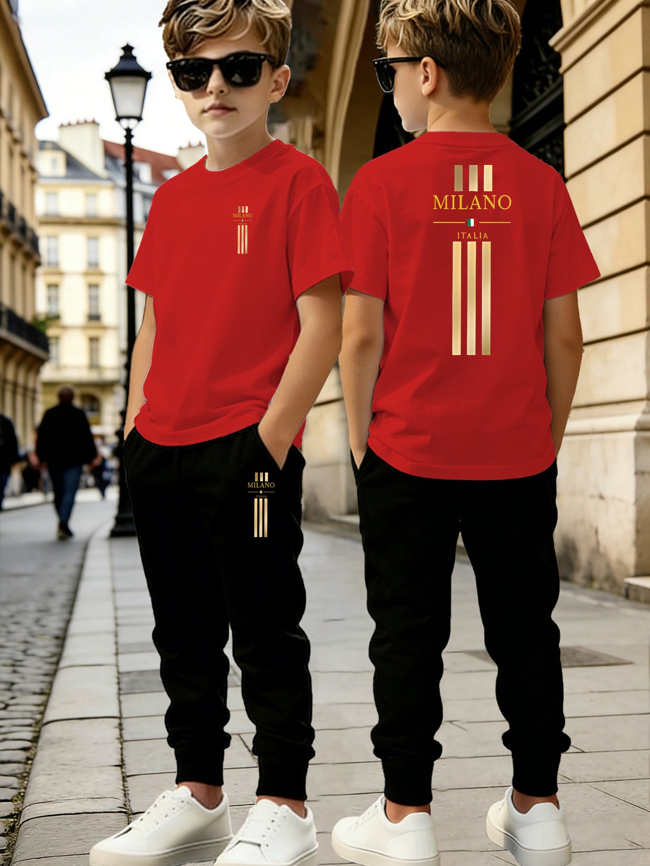 Boys' Casual Short Sleeve & Long Pants Set with Geometric Print