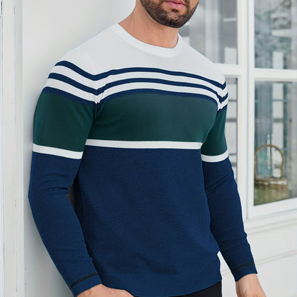 Men's Casual Comfort Knit Sweater, New Spring/Autumn Round Neck Base Layer Three-Stripe Contrast Color Pullover