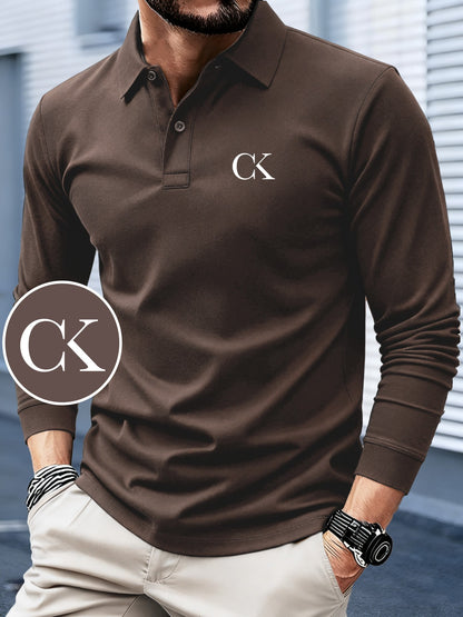 Men's Long Sleeve Polo Shirt with Stylish Letter Print