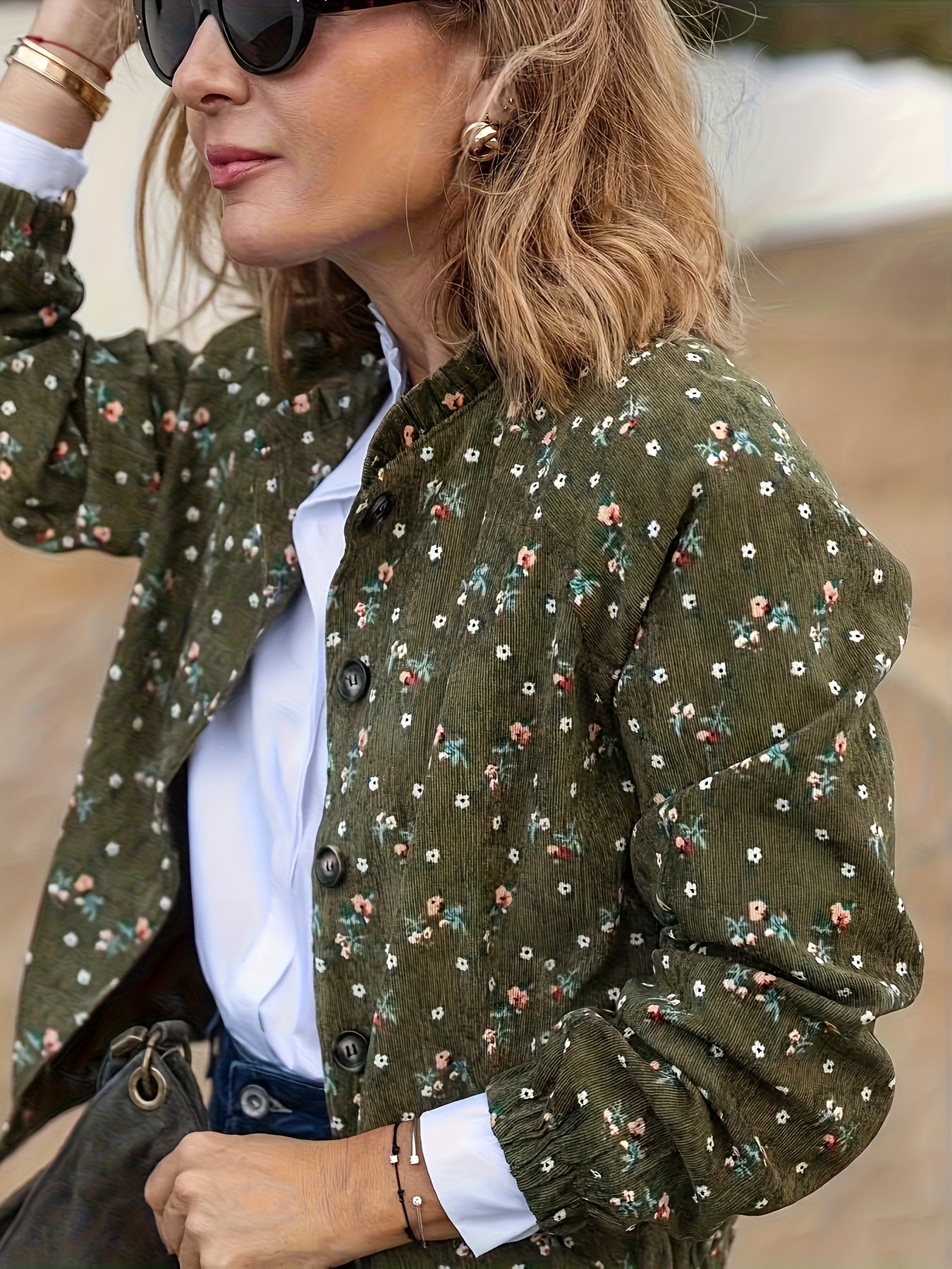 Women's Elegant Vintage Floral Print Pilot Jacket - Dark Green/Black/Brown/Gray/Beige with White/Red/Brown Flowers, Structured Collar & Chest Pockets, Machine Washable Spring/Fall Outerwear, Casual to Formal Events, Retro Sty