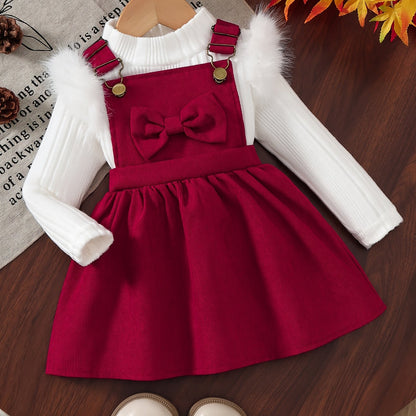 2pcs Baby Winter Outfit Set: Cozy Fluffy Sleeve Smock Dress & A-Line Bow with Collar & Fringe Trim - Soft Warm Clothes for Photoshoots, Christmas (Hand Washable), Perfect for Outdoor